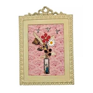 Vintage Jewelry Art FLOWER ARRANGEMENT Distressed Frame 9 1/2" x 6 1/2"